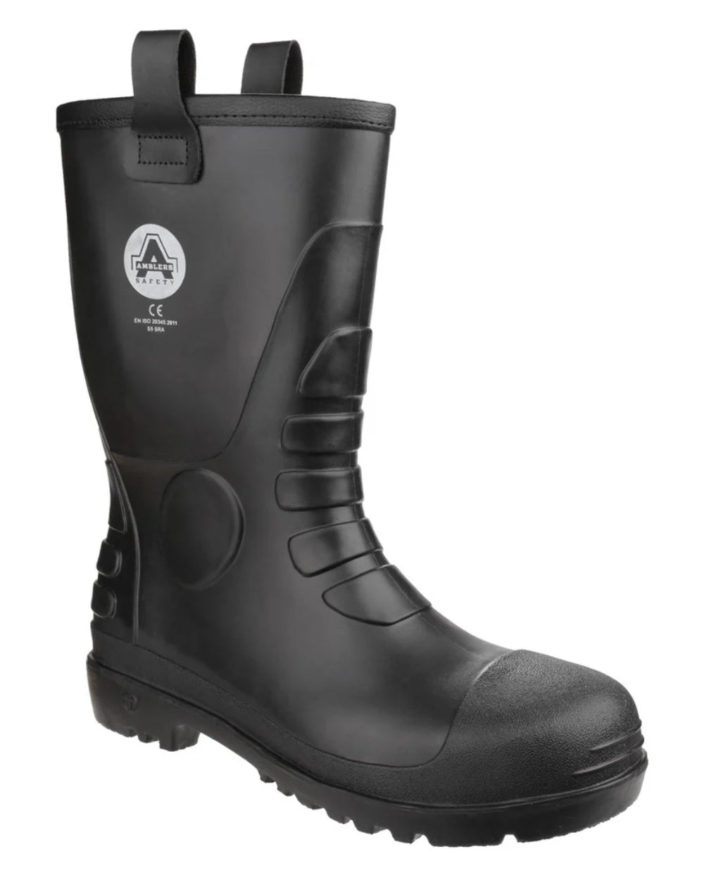 Black Coloured Amblers Safety FS90 Waterproof S5 SRA PVC Safety Rigger Boots On A White Background