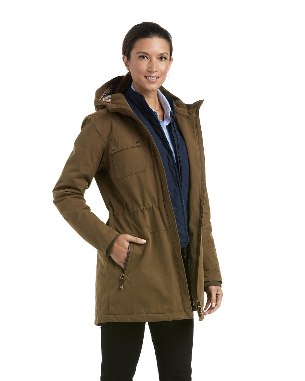 Earth Coloured Ariat Womens Argentium Waterproof Parka On A White Background