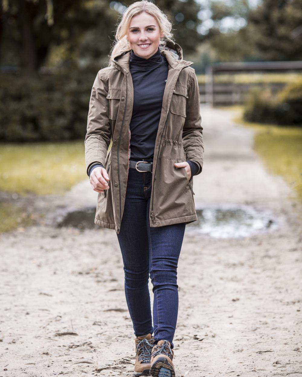 Earth Coloured Ariat Womens Argentium Waterproof Parka On A Street Background