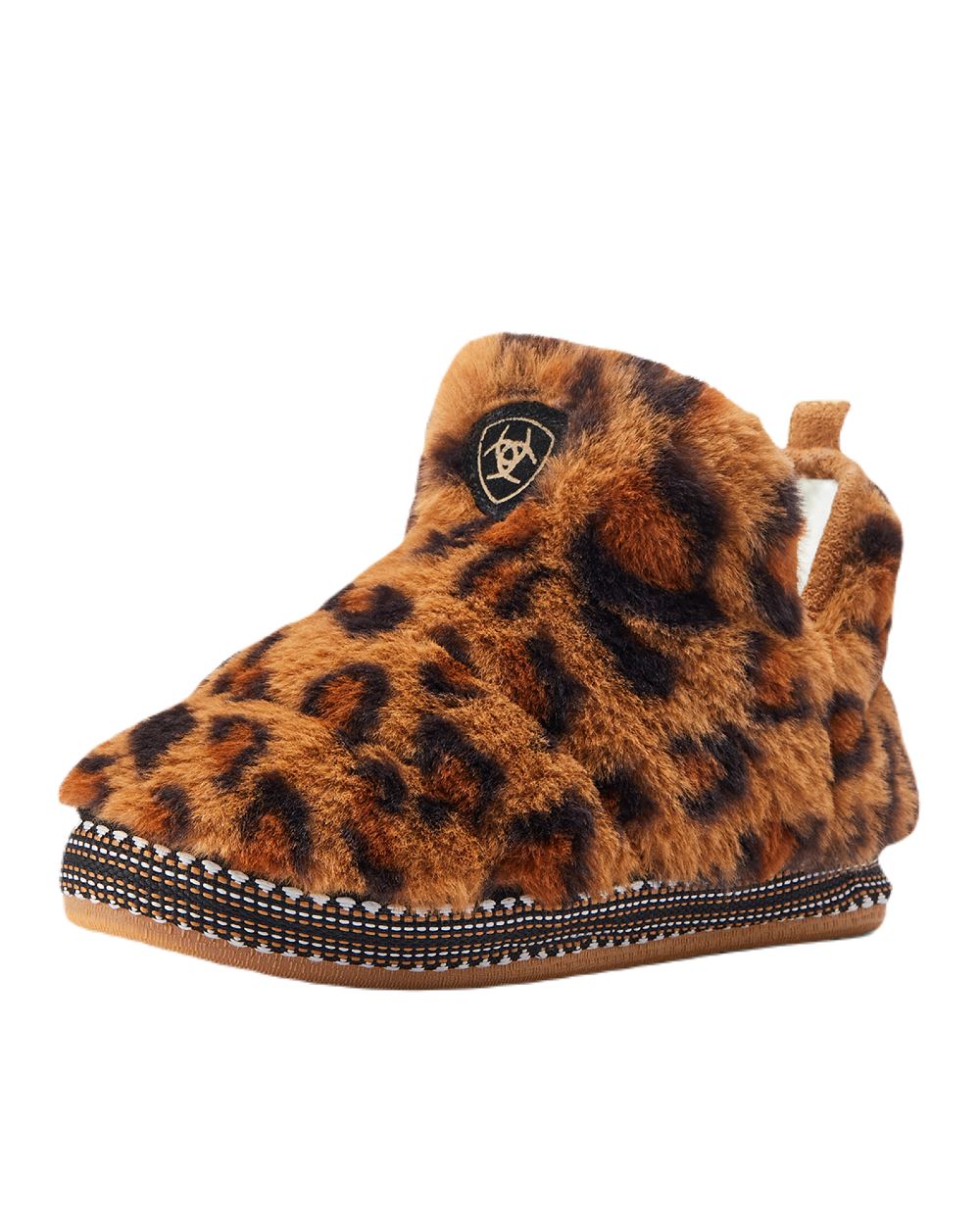 Fuzzy Leopard Print Coloured Ariat Womens Bootie Slipper On A White Background