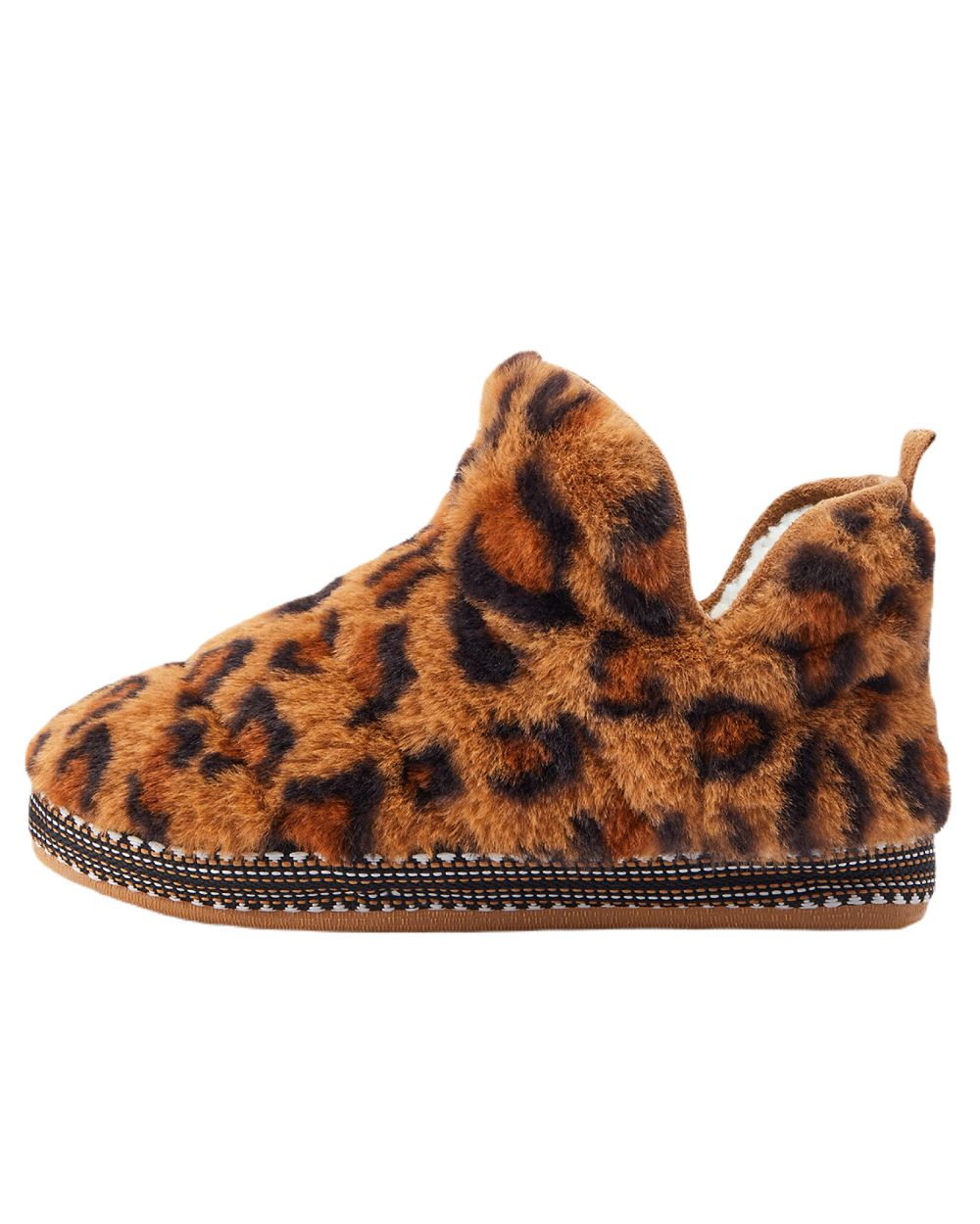 Fuzzy Leopard Print Coloured Ariat Womens Bootie Slipper On A White Background