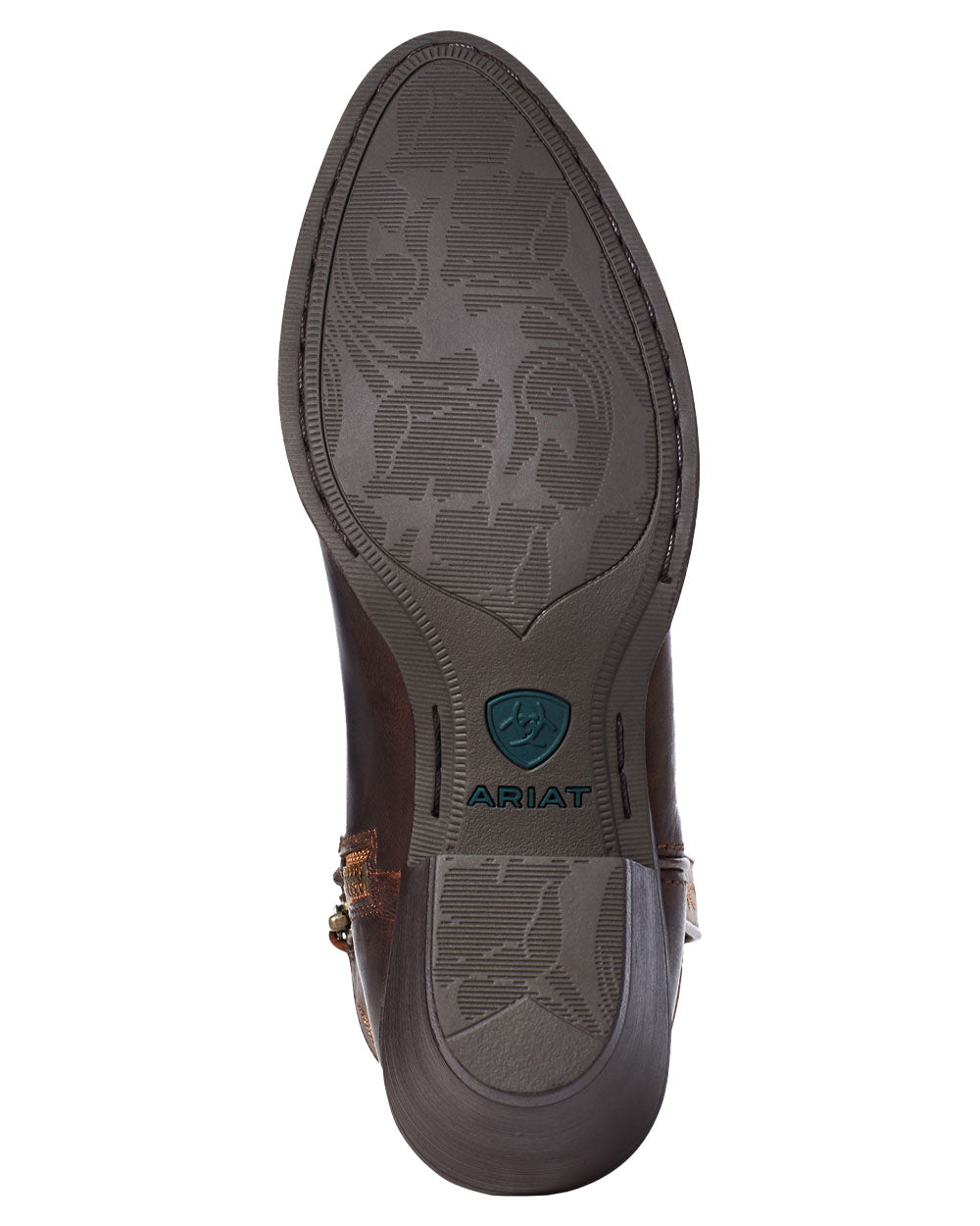 Sassy Brown coloured Ariat Womens Darlin Western Boot Sole on White background