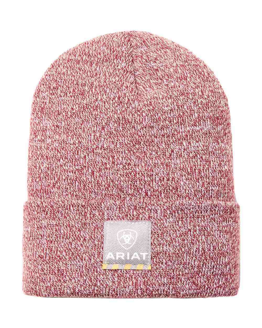 Burgundy Coloured Ariat Womens Rebar Beanie On A White Background
