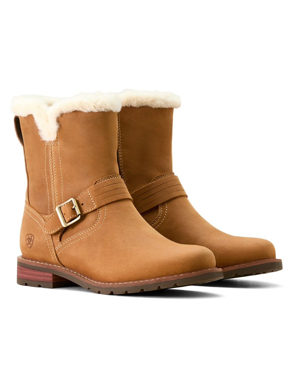 Carmel Tan coloured Ariat Womens Savannah Sherpa Waterproof Boots on white background