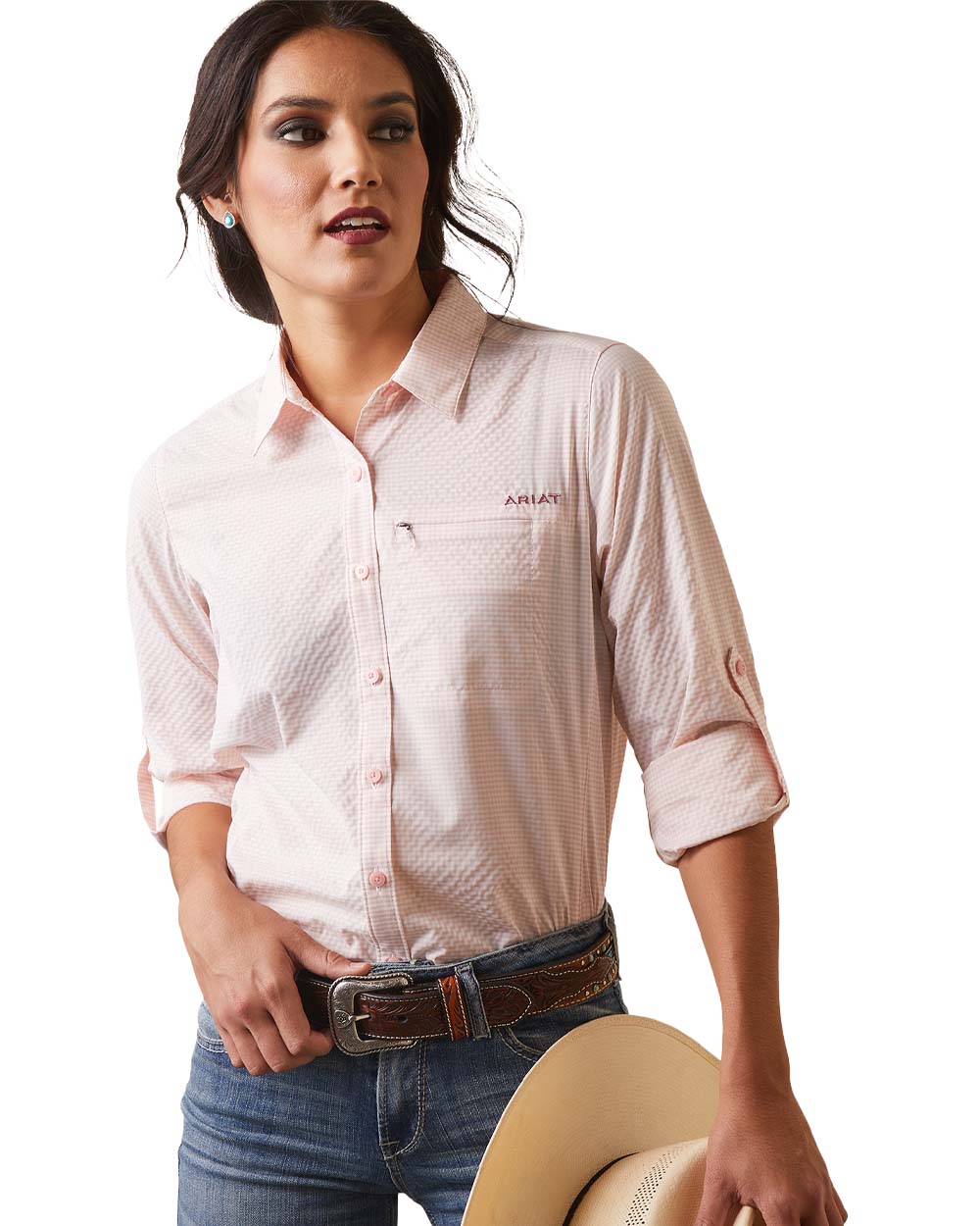 Coral Blush/White Check Ariat Womens VentTEK Stretch Long Sleeve Shirt on White background 