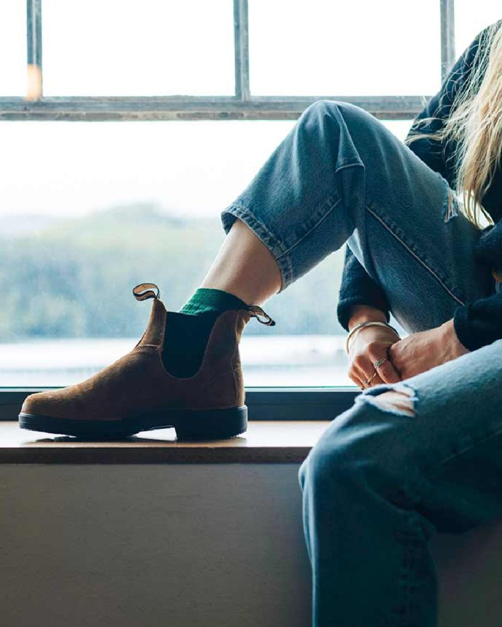 Tobacco Coloured Blundstone 1911 Tobacco Suede Chelsea Boots On A Window Background