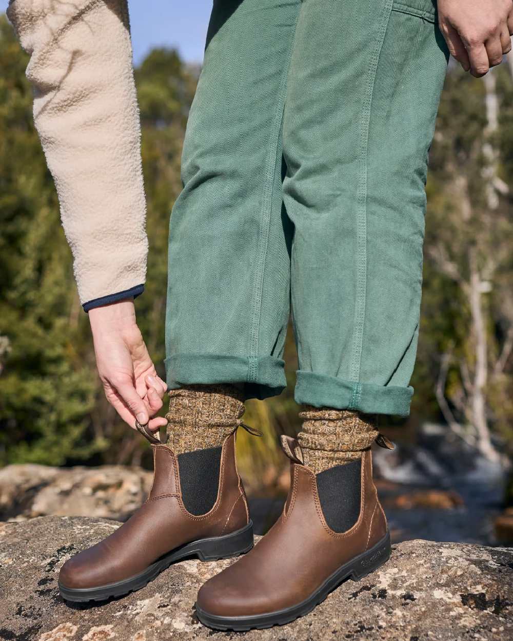 Sierra Brown coloured Blundstone 2305 Brown Leather Chelsea Boots on forest background