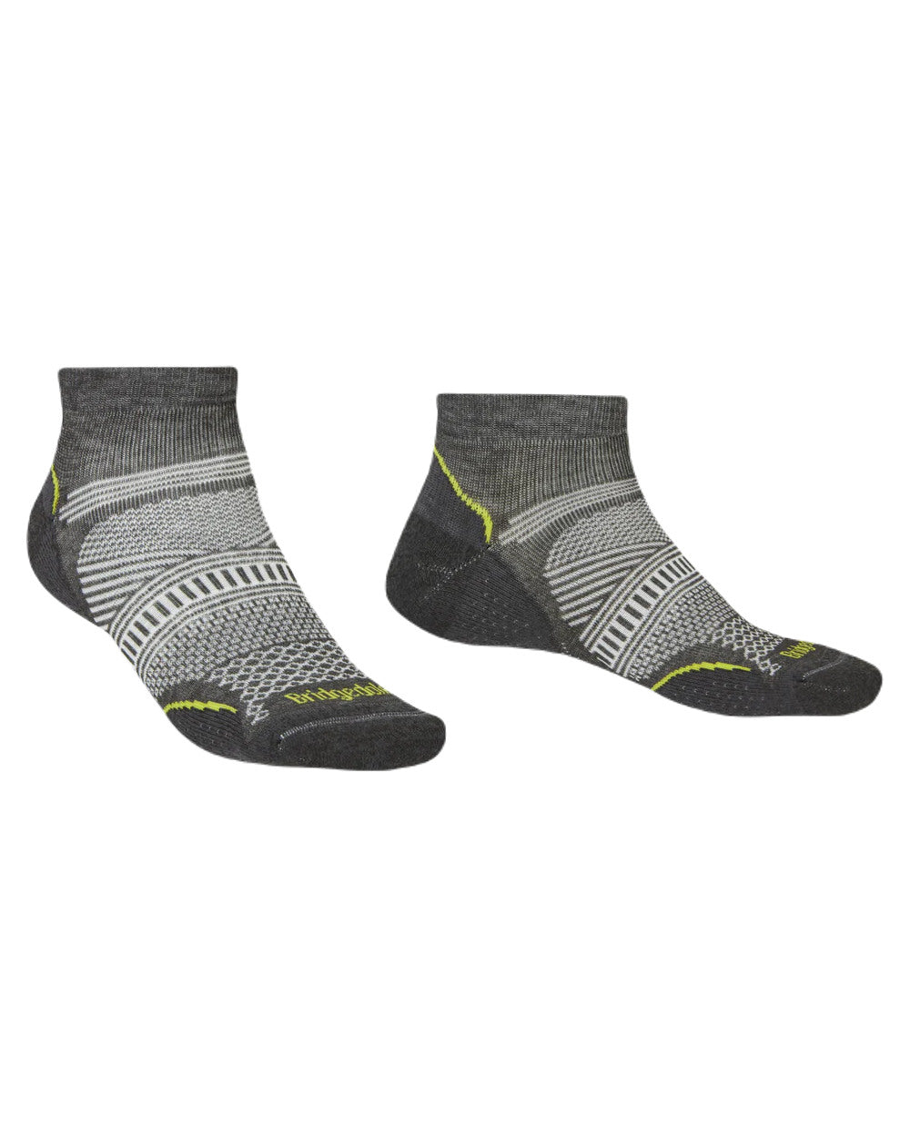 Graphite Coloured Bridgedale Mens Ultra Light T2 Coolmax Performance Low Socks On A White Background 