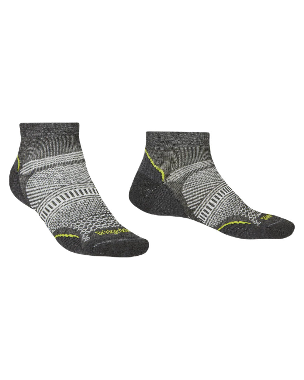 Graphite Coloured Bridgedale Mens Ultra Light T2 Coolmax Performance Low Socks On A White Background