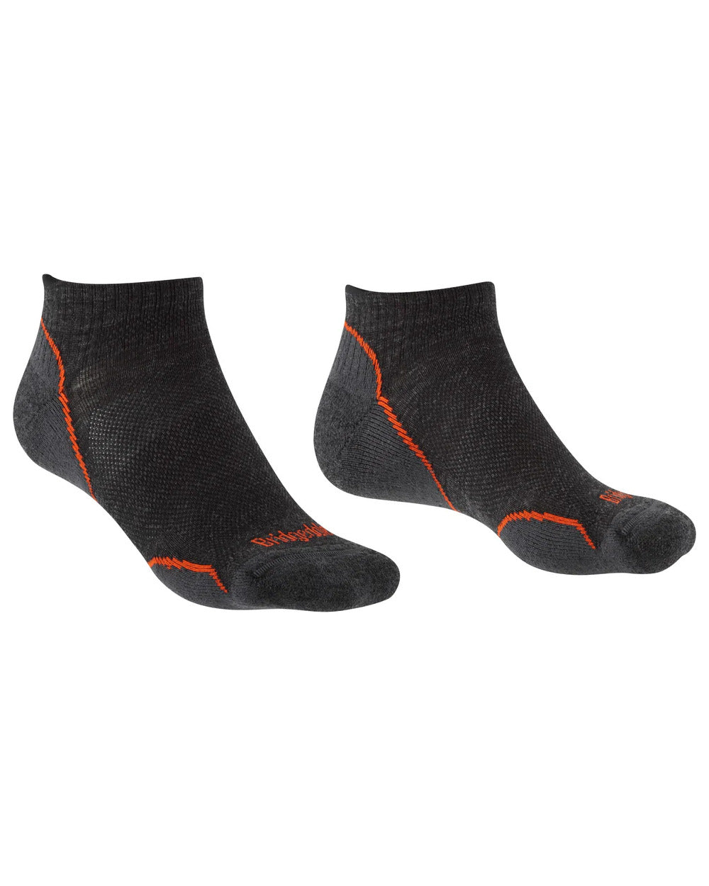 Anthracite/Orange Coloured Bridgedale Mens Ultra Light T2 Merino Performance Low Socks On A White Background