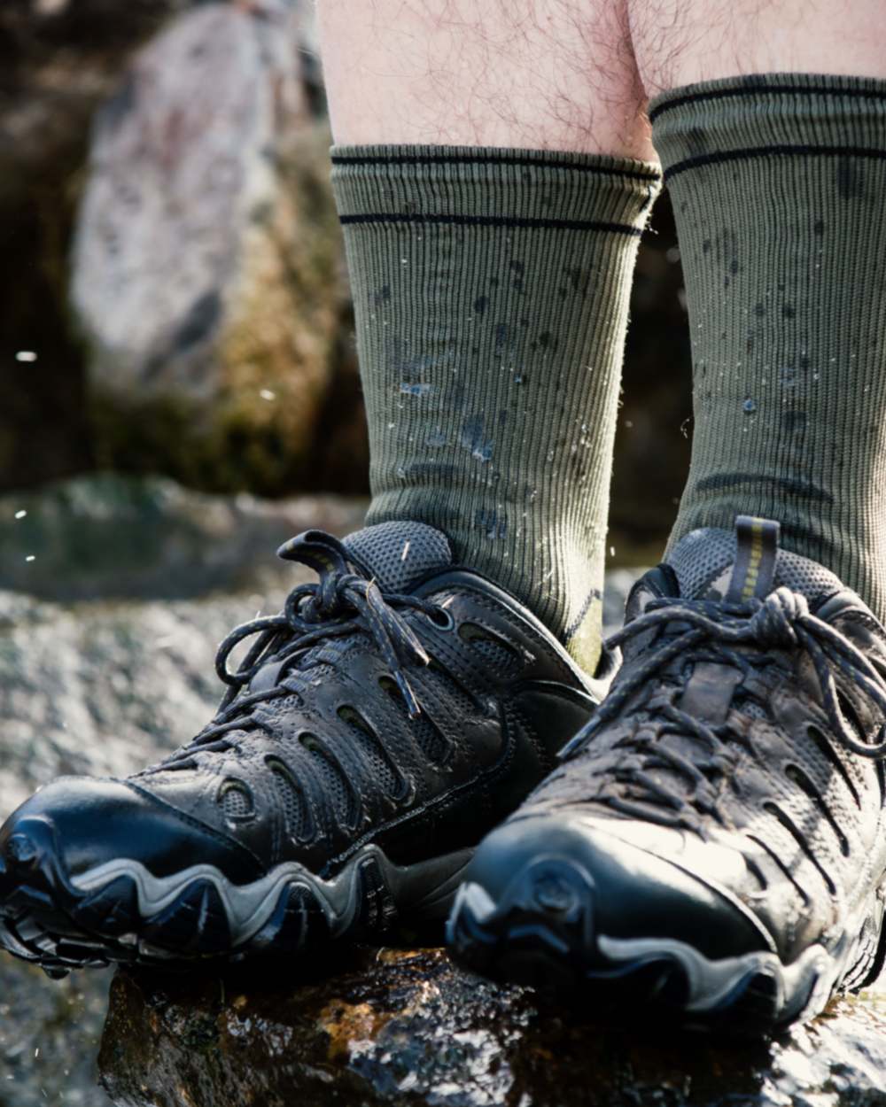 Khaki Coloured Bridgedale StormSock Midweight Boot Socks on Outdoor Background