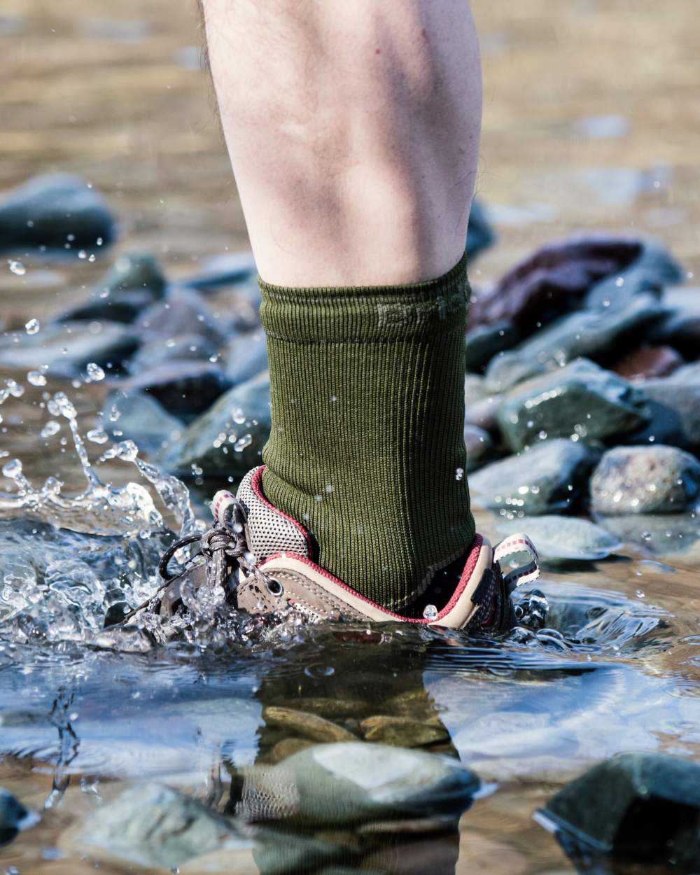 Khaki Coloured Bridgedale StormSock Midweight Boot Socks on Outdoor Background