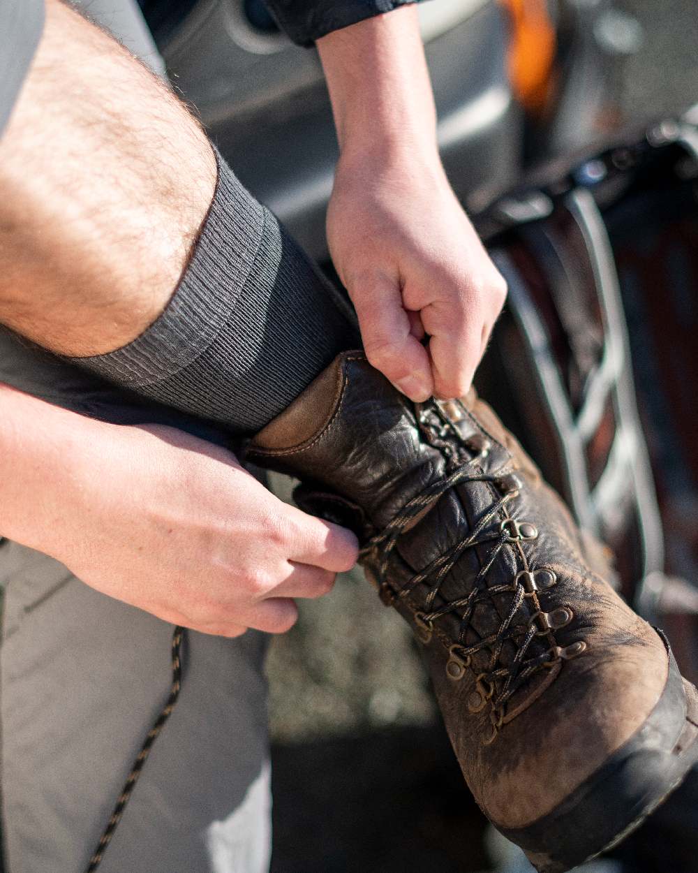 Denim Coloured Bridgedale Womens Lightweight Merino Performance Socks on Outdoor Background