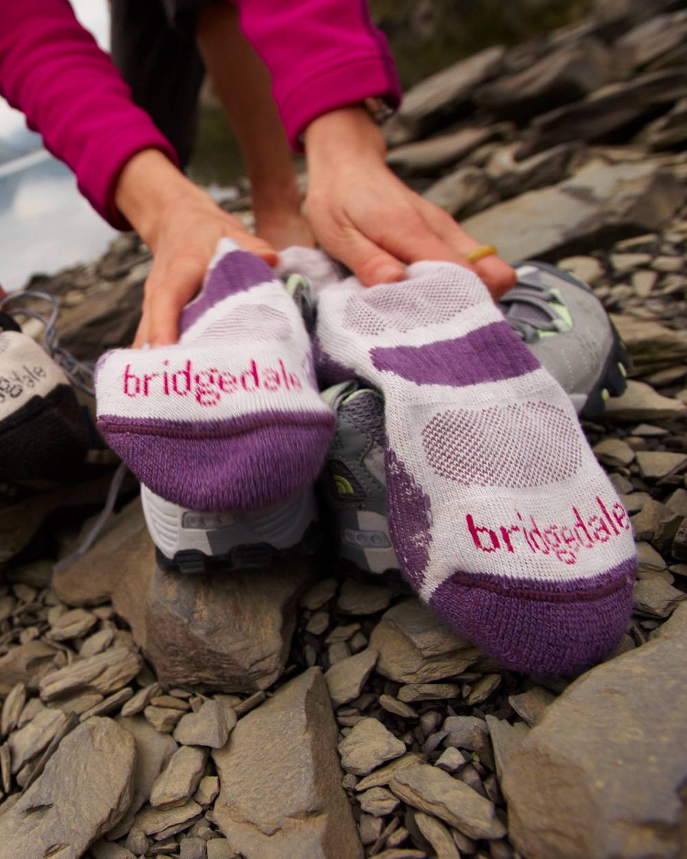 Plum Coloured Bridgedale Womens Lightweight Coolmax Comfort Socks on OutdoorBackground