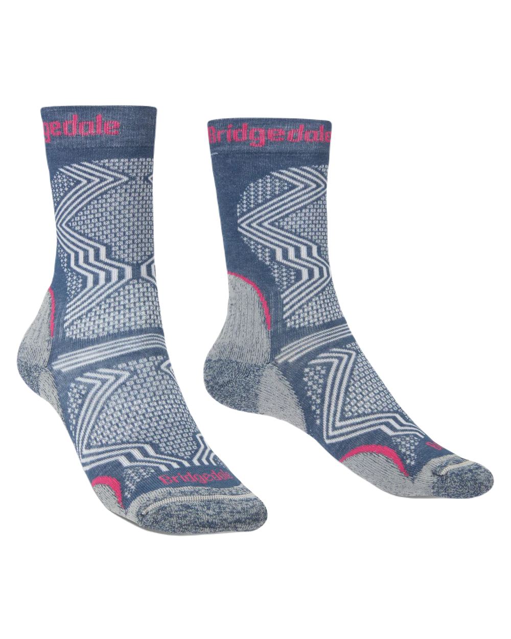 Dark Denim Coloured Bridgedale Womens Ultra Light T2 Coolmax Performance Boot Socks On A White Background
