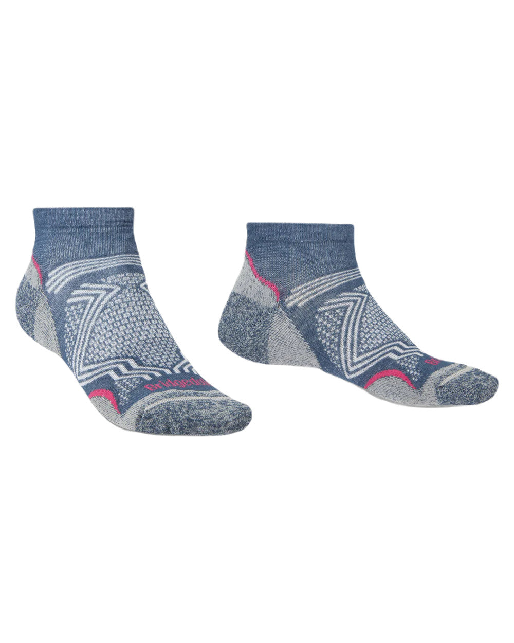 Dark Denim Coloured Bridgedale Womens Ultra Light T2 Coolmax Performance Low Socks On A White Background