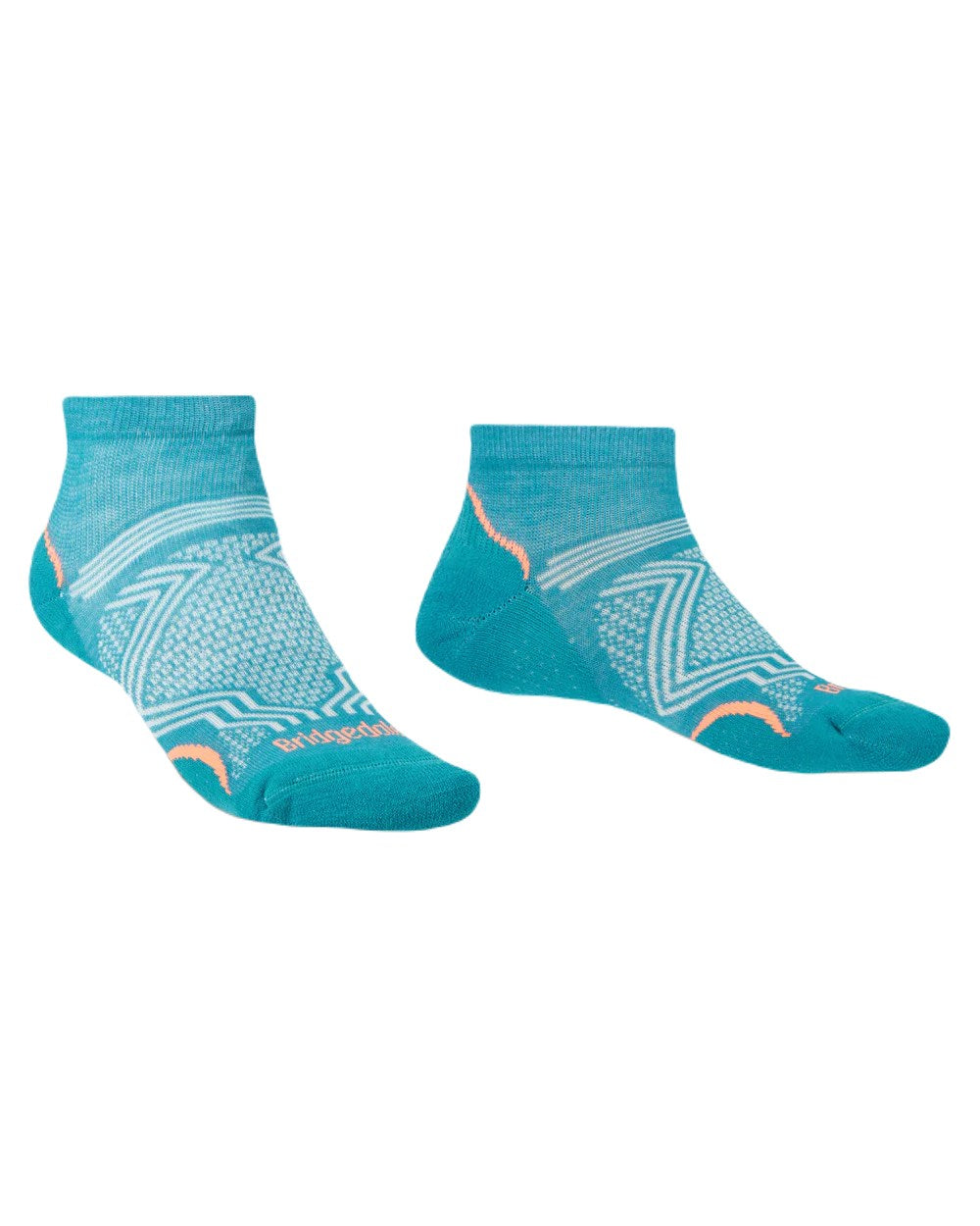 Teal Coloured Bridgedale Womens Ultra Light T2 Coolmax Performance Low Socks On A White Background