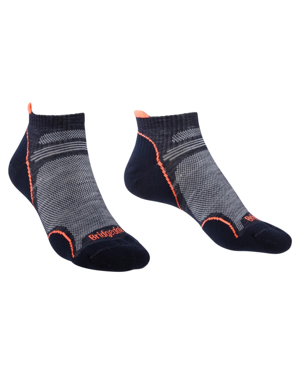 Navy/Candy Coloured Bridgedale Womens Ultra Light T2 Merino Performance Low Socks On A White Background