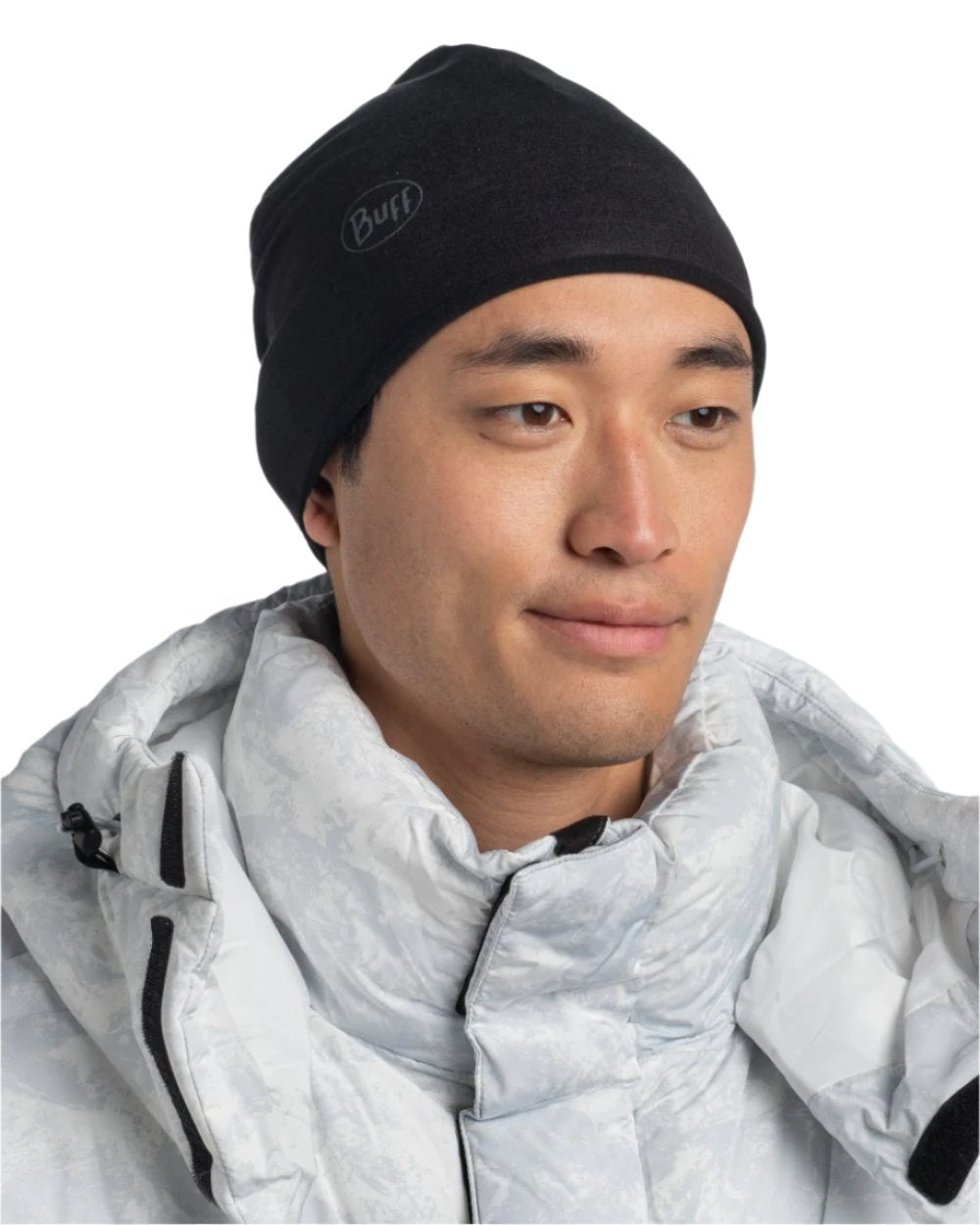 Solid Black Coloured Buff EcoStretch Polar Beanie on white background