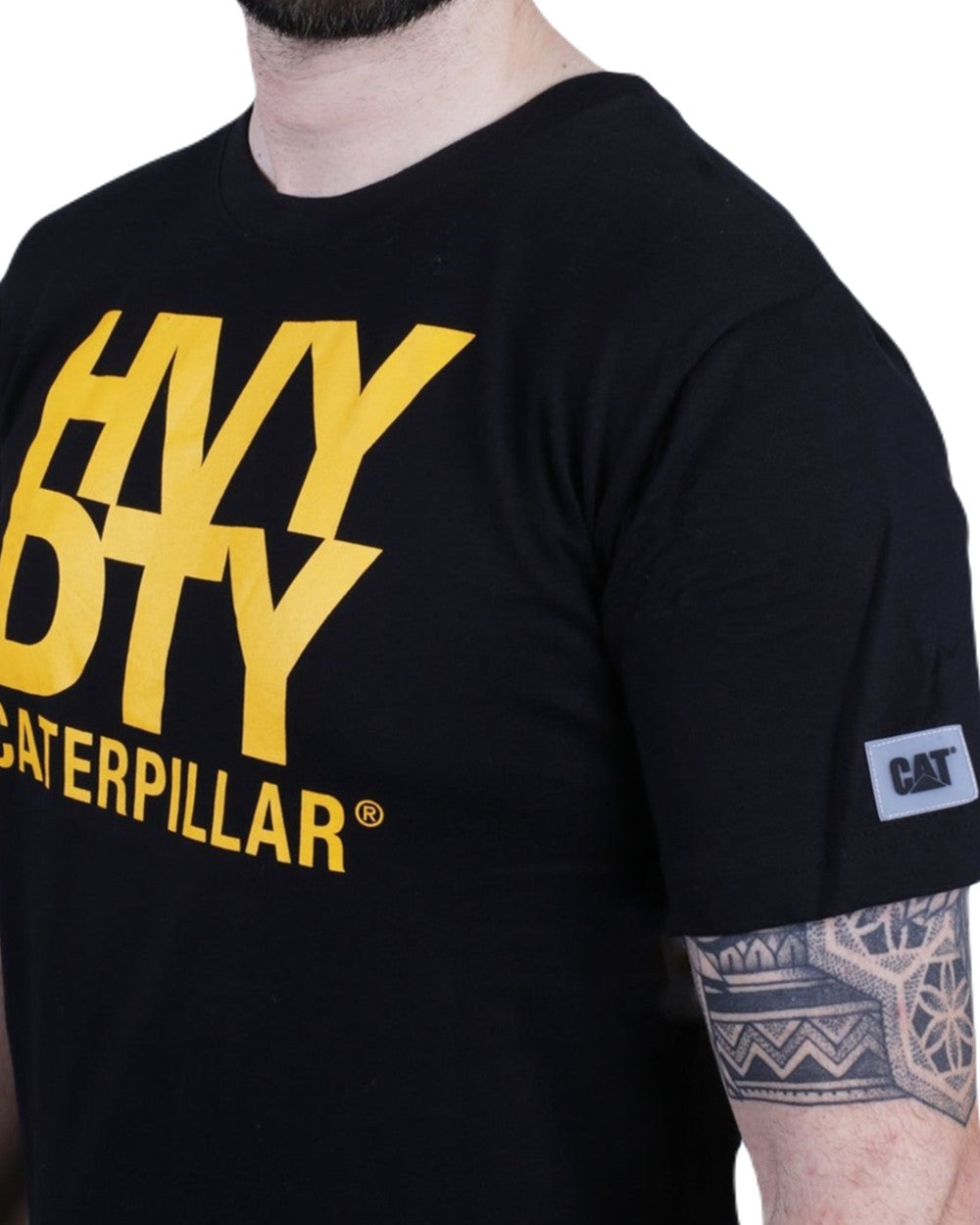 Black Coloured Caterpillar Mens Heavy Duty T-Shirt on White Background