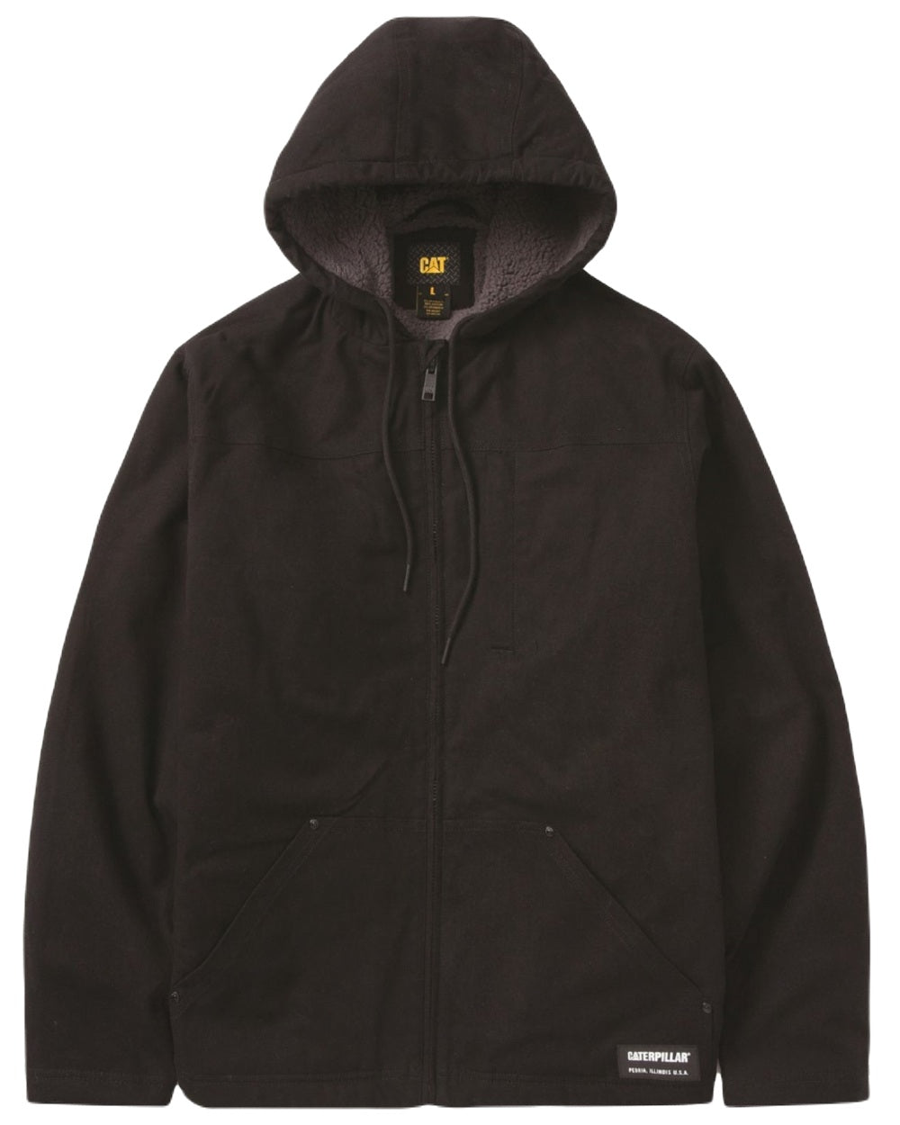 Black Coloured Caterpillar Mens Hooded Sherpa Lined Jacket on White Background