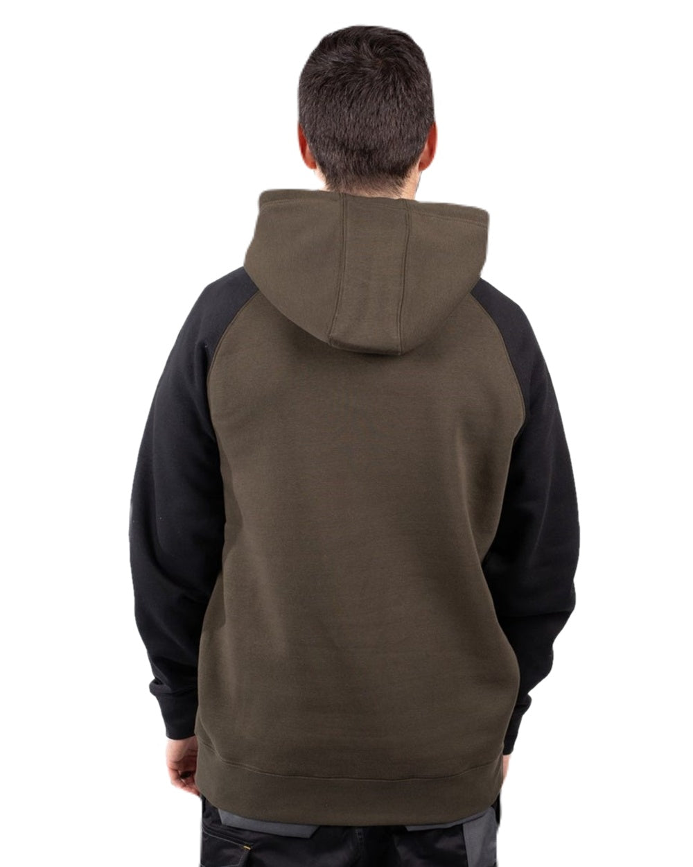 Army Moss Black Coloured Caterpillar Mens Raglan Hooded Sweatshirt on White Background