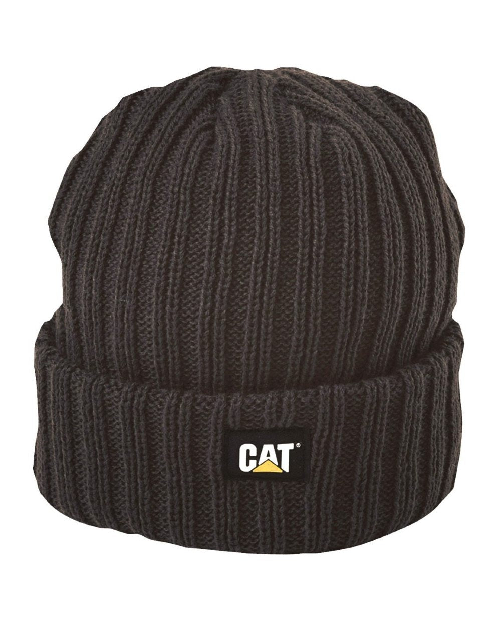 Black Coloured Caterpillar Rib Watch Beanie On A White Background