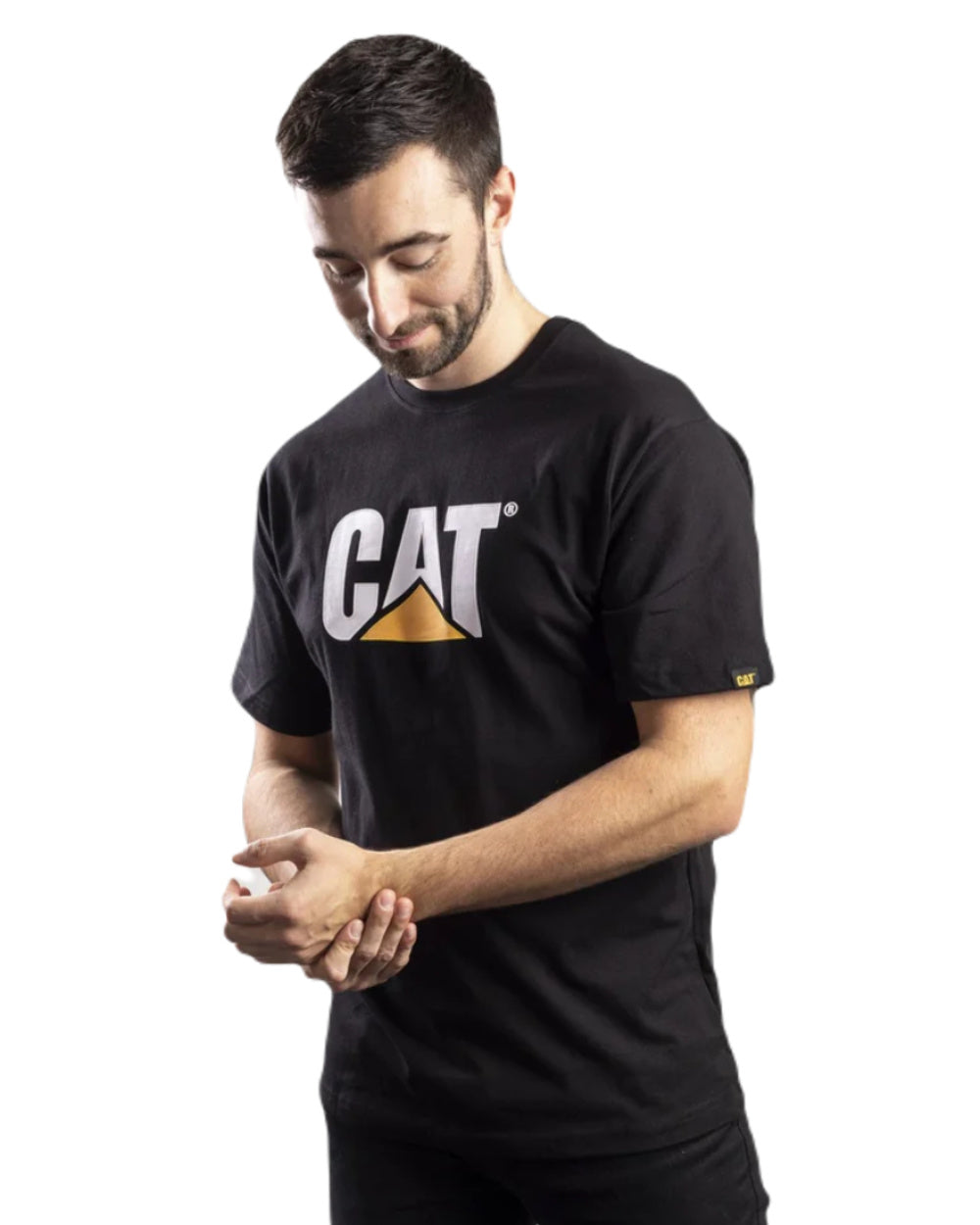 Black Coloured Caterpillar Trademark Logo T-Shirt On A White Background