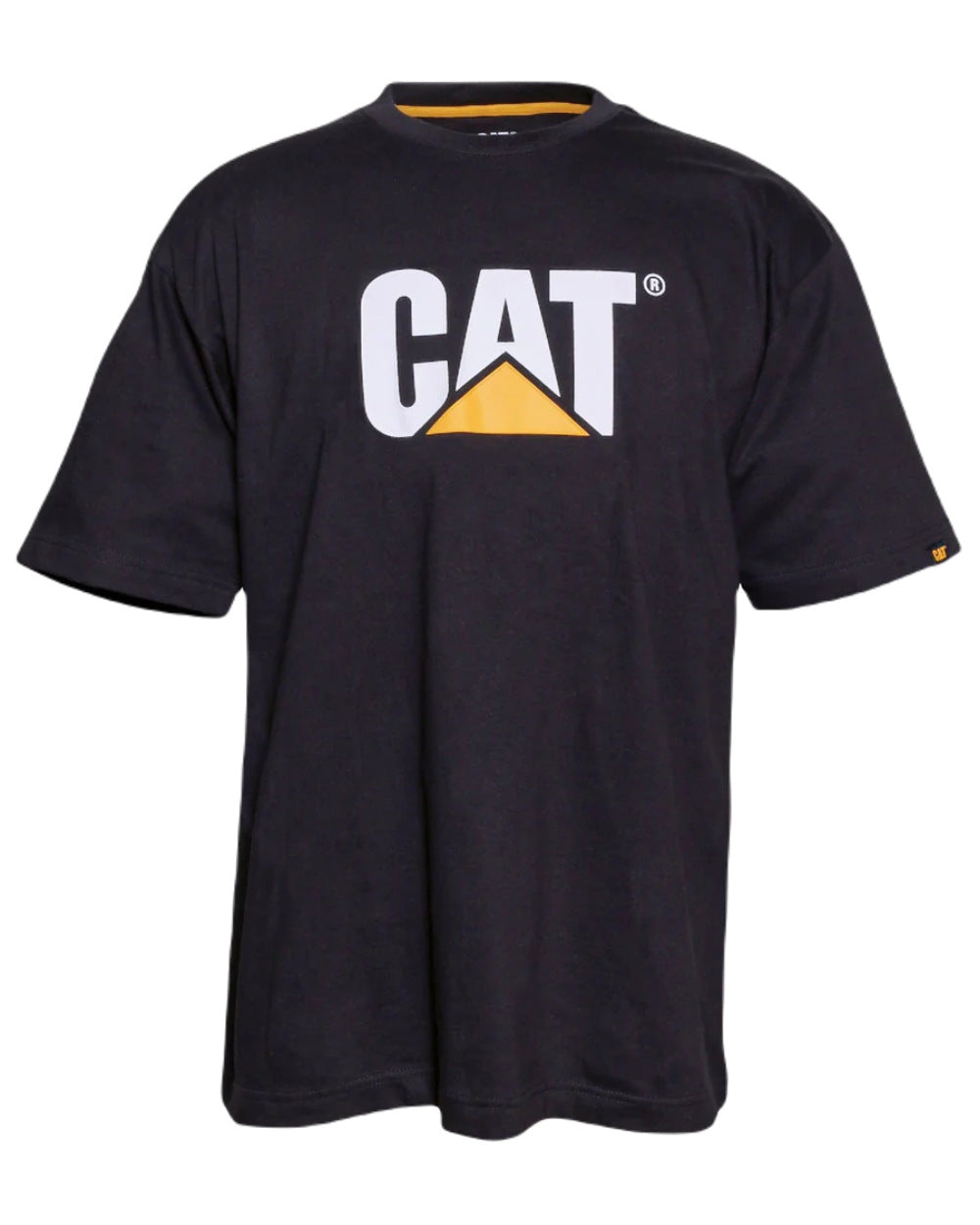 Black Coloured Caterpillar Trademark Logo T-Shirt On A White Background