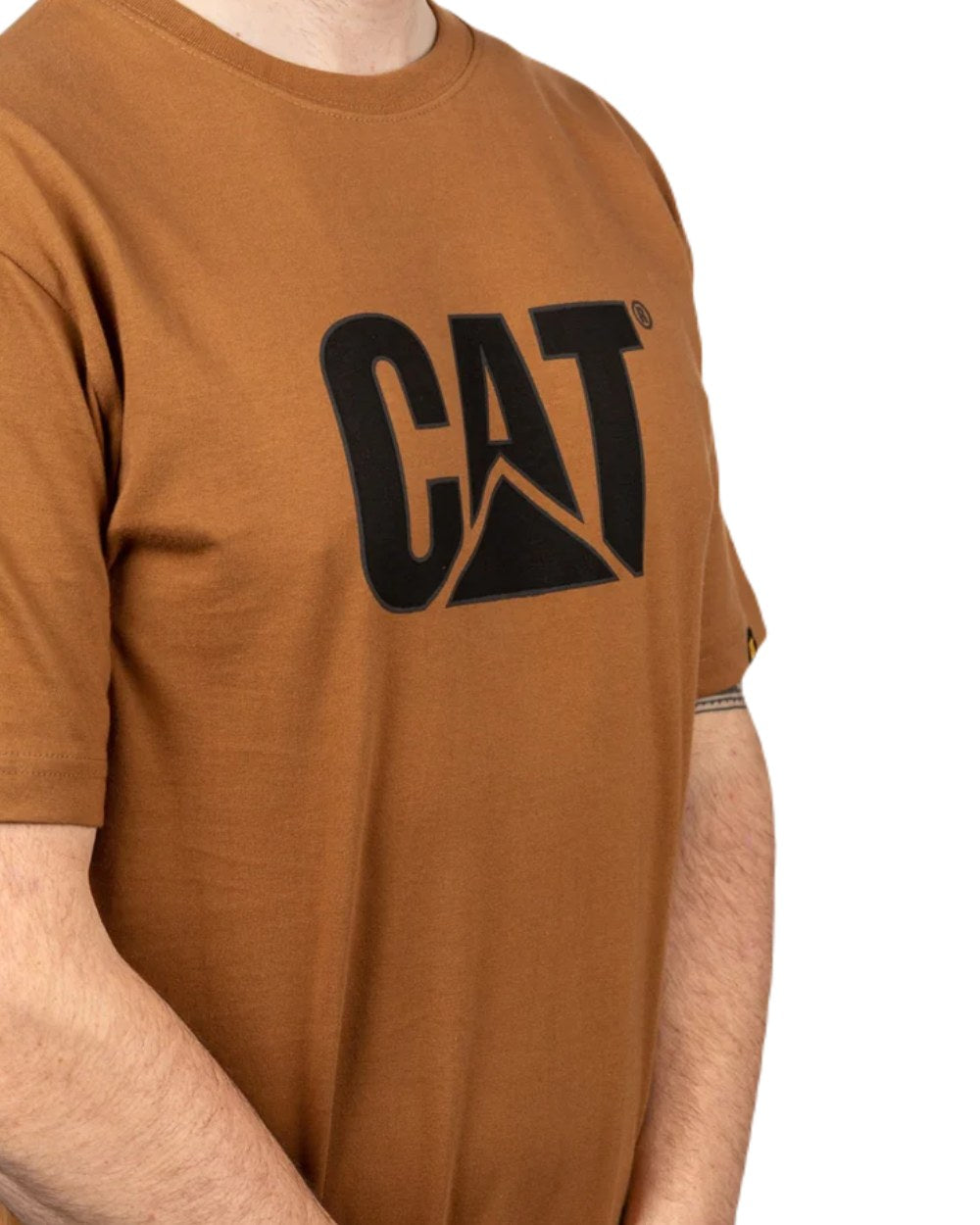Bronze Coloured Caterpillar Trademark Logo T-Shirt On A White Background