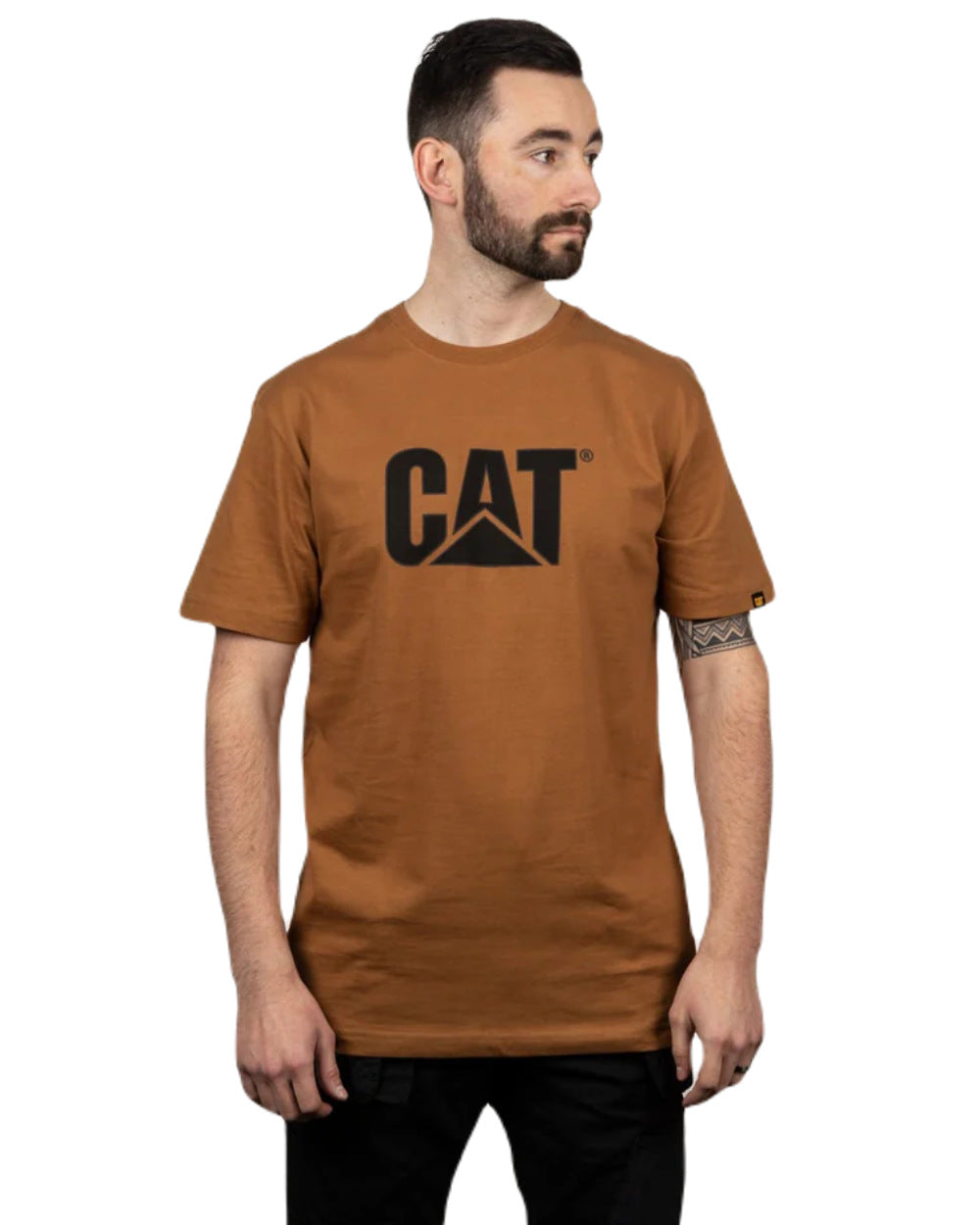 Bronze Coloured Caterpillar Trademark Logo T-Shirt On A White Background