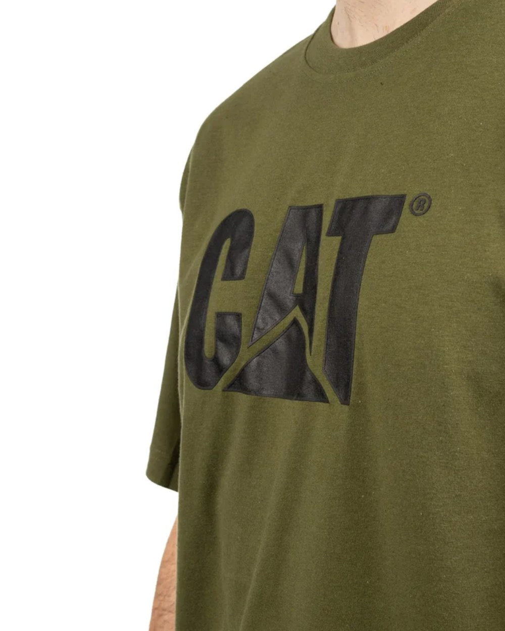 Chive Coloured Caterpillar Trademark Logo T-Shirt On A White Background