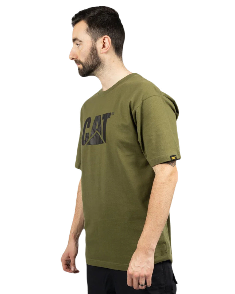 Chive Coloured Caterpillar Trademark Logo T-Shirt On A White Background