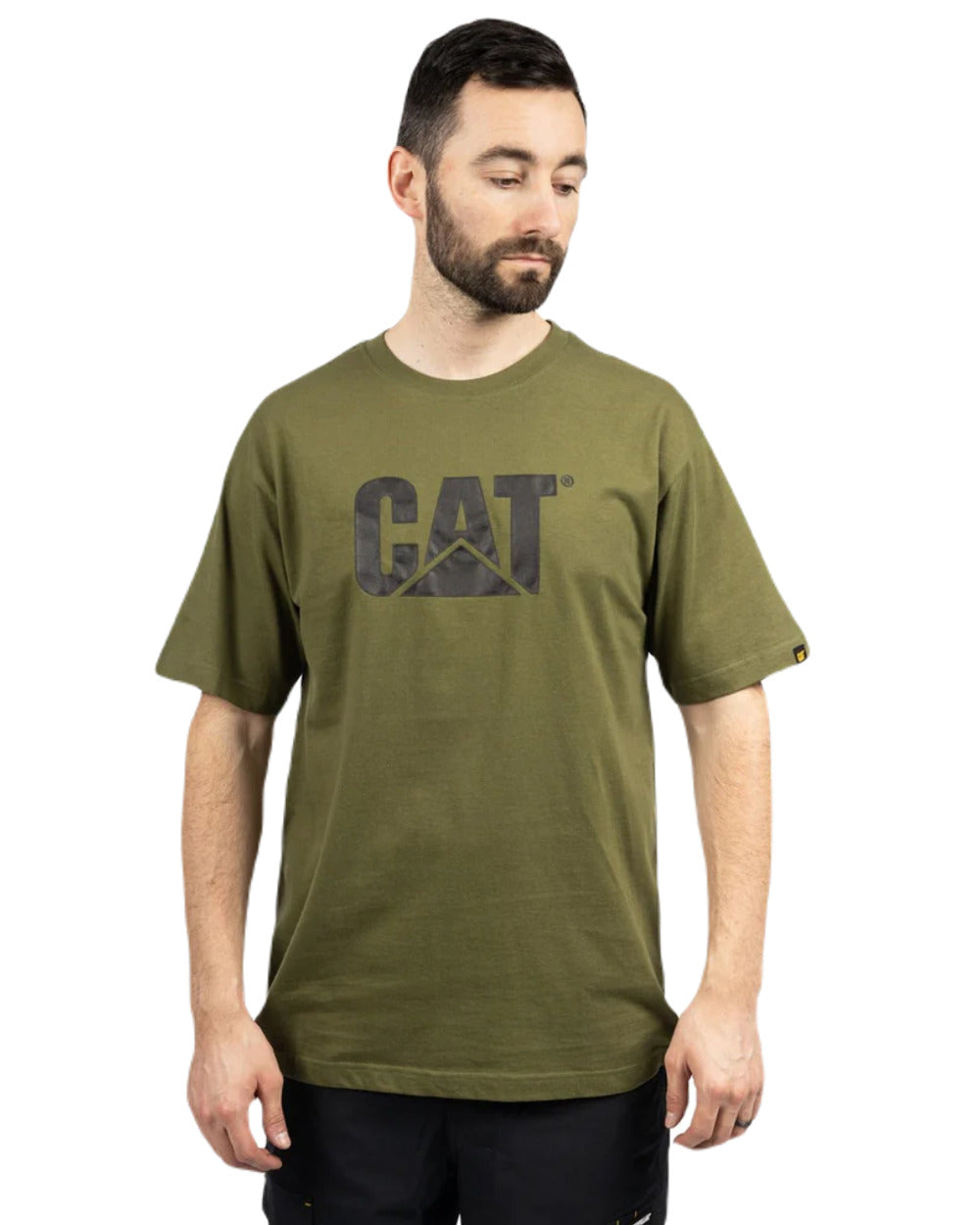 Chive Coloured Caterpillar Trademark Logo T-Shirt On A White Background