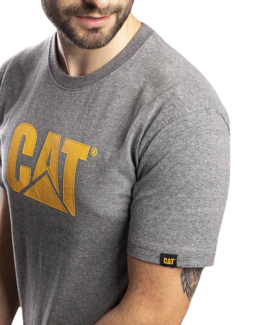Dark Heather Grey Coloured Caterpillar Trademark Logo T-Shirt On A White Background