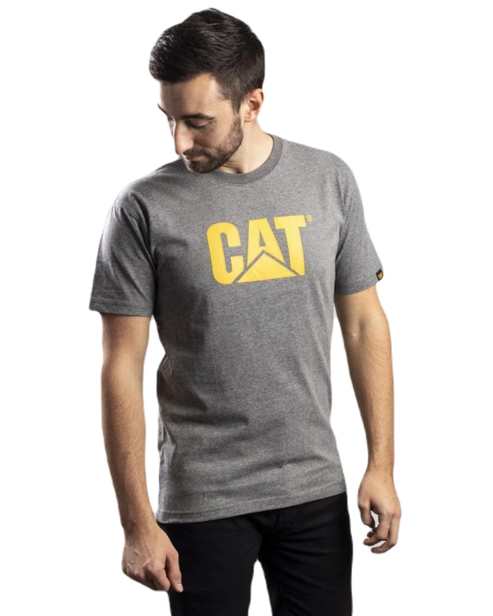 Dark Heather Grey Coloured Caterpillar Trademark Logo T-Shirt On A White Background