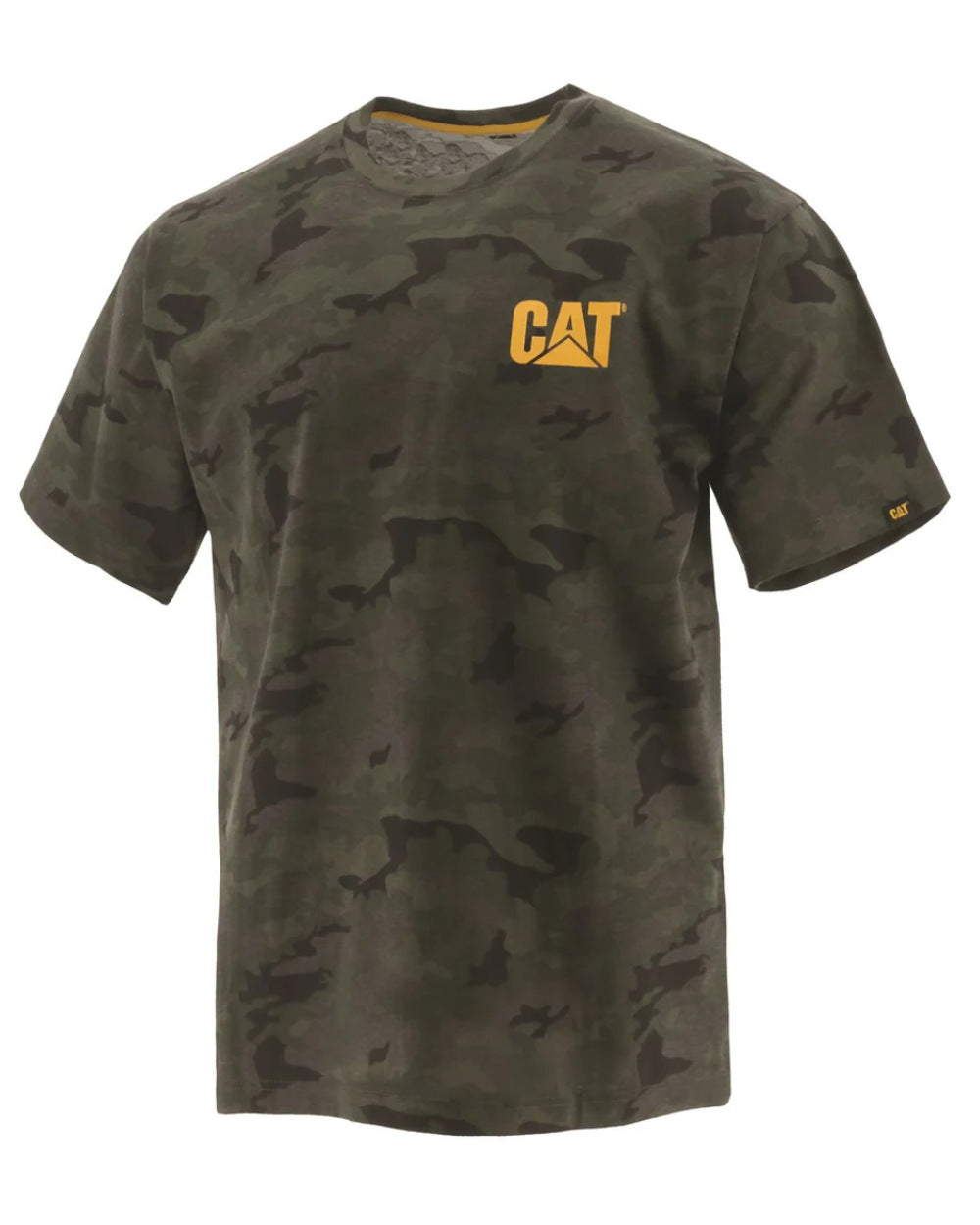 Night Camo Coloured Caterpillar Trademark Tee On A White Background
