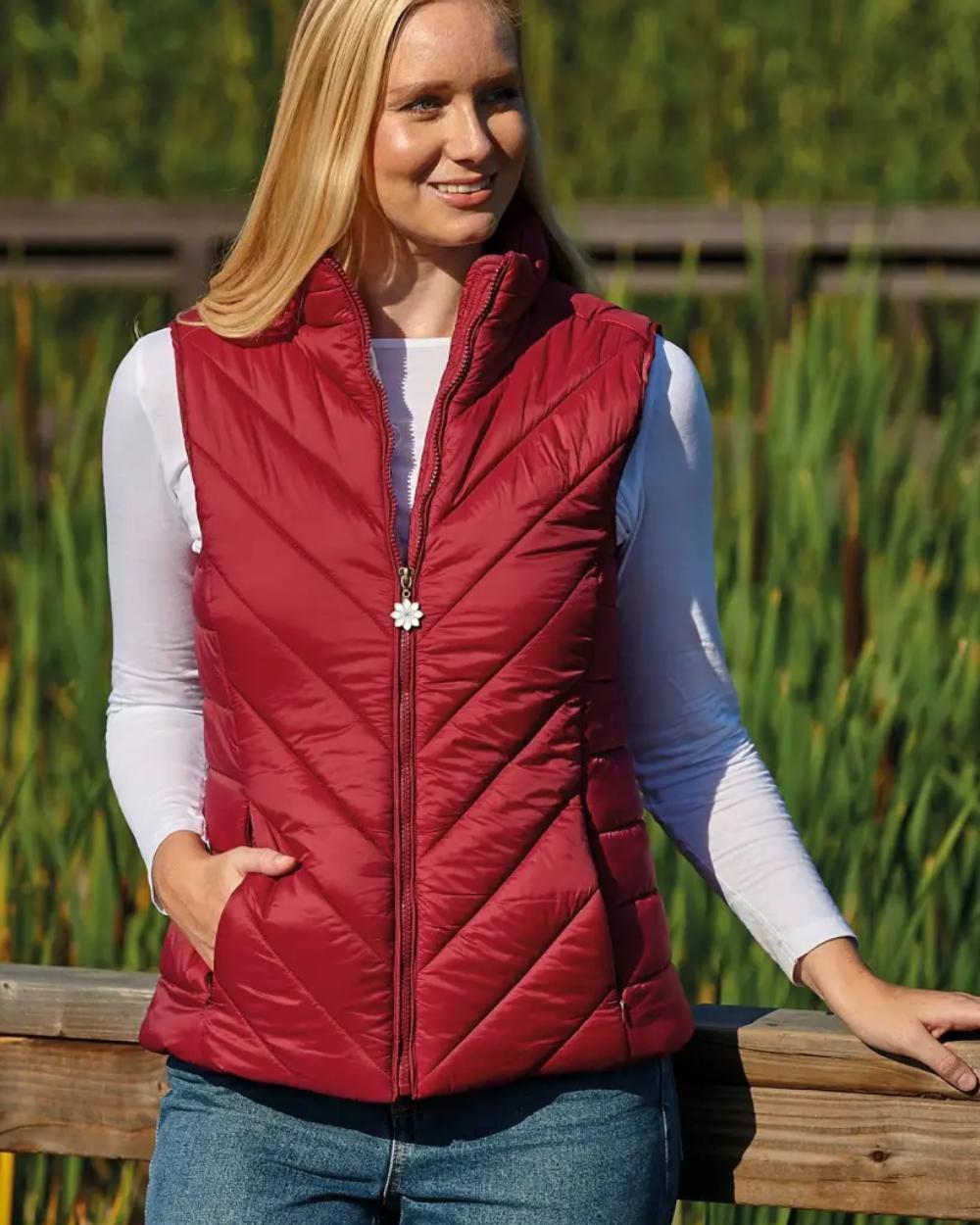 Red Coloured Champion Lundy Ladies Gilet On A Field Background