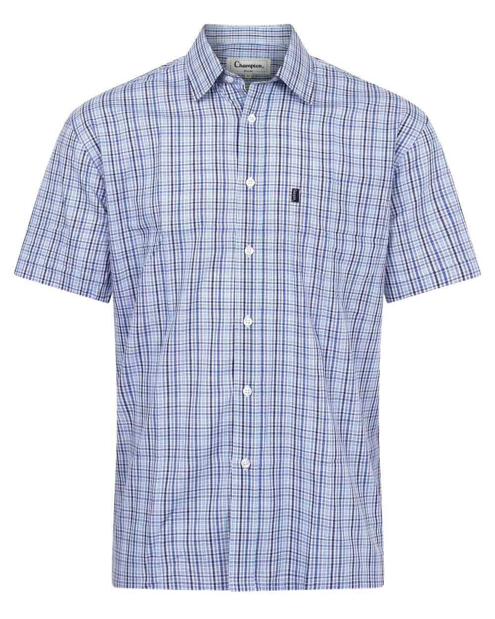 Blue Coloured Champion Poole Short Sleeve Shirt On A White Background