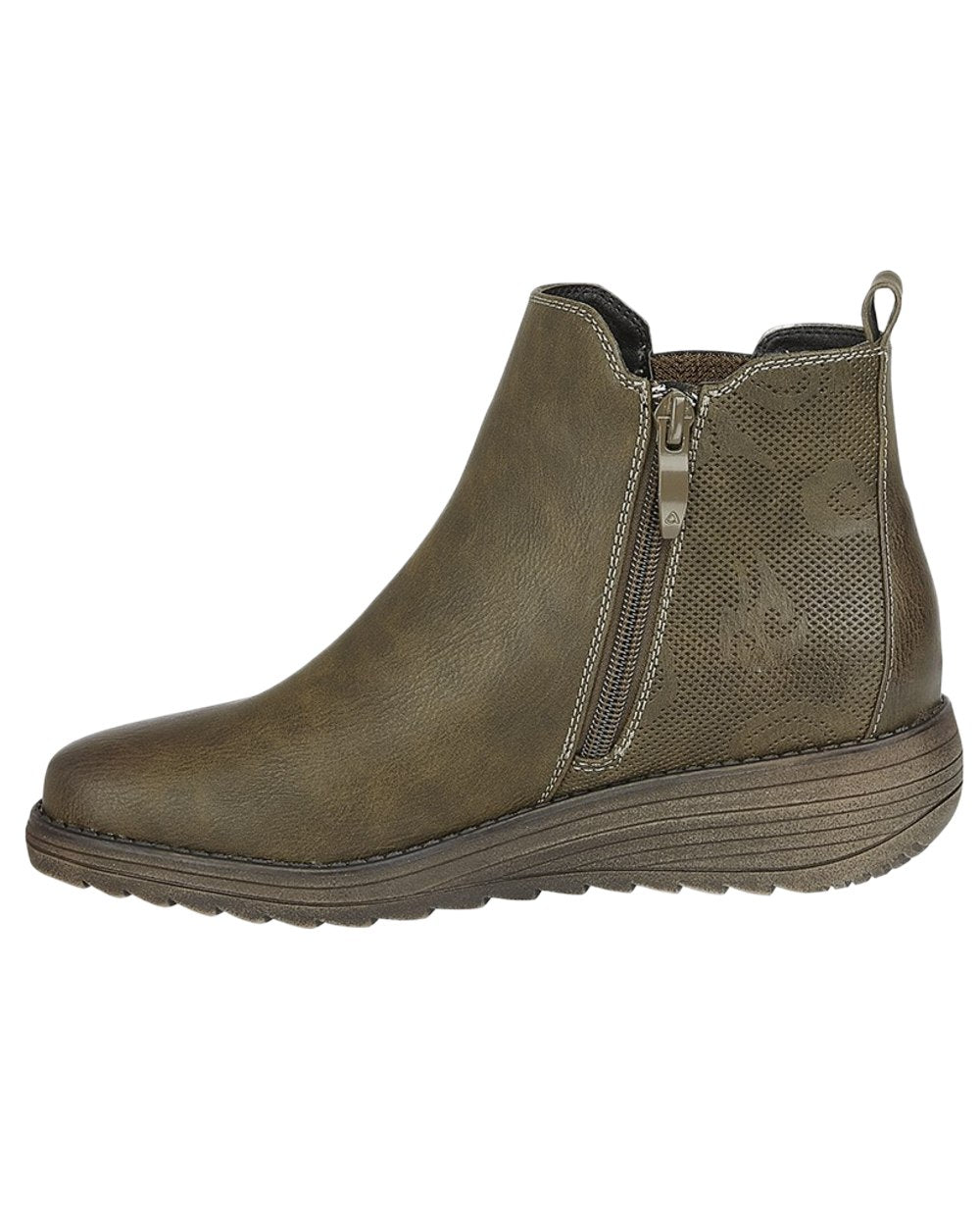 Olive Coloured Cipriata Womens Debora Side V Inside Zip Gusset Ankle Boots on White Background