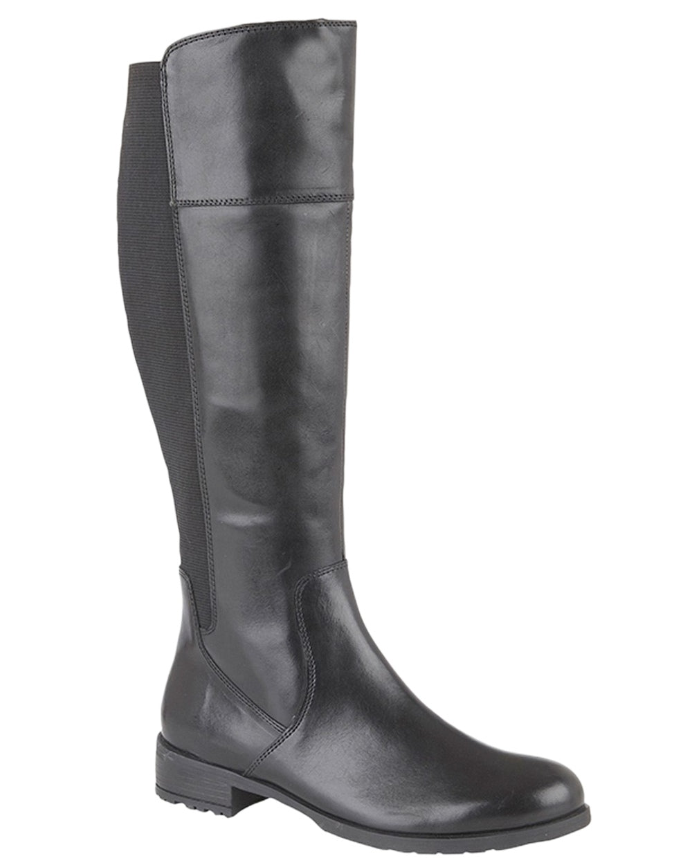 Black Coloured Cipriata Womens Silvia Elasticated Calf Inside Zip High Leg Boots on White Background
