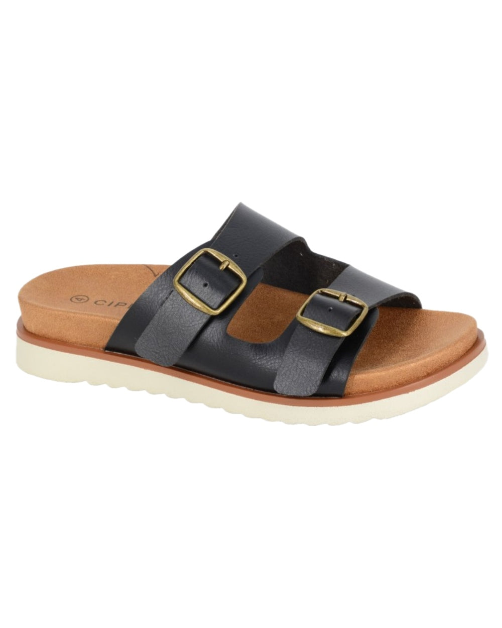Black Coloured Cipriata Womens Tiberia Twin Buckle Strap Mule Sandals on White Background