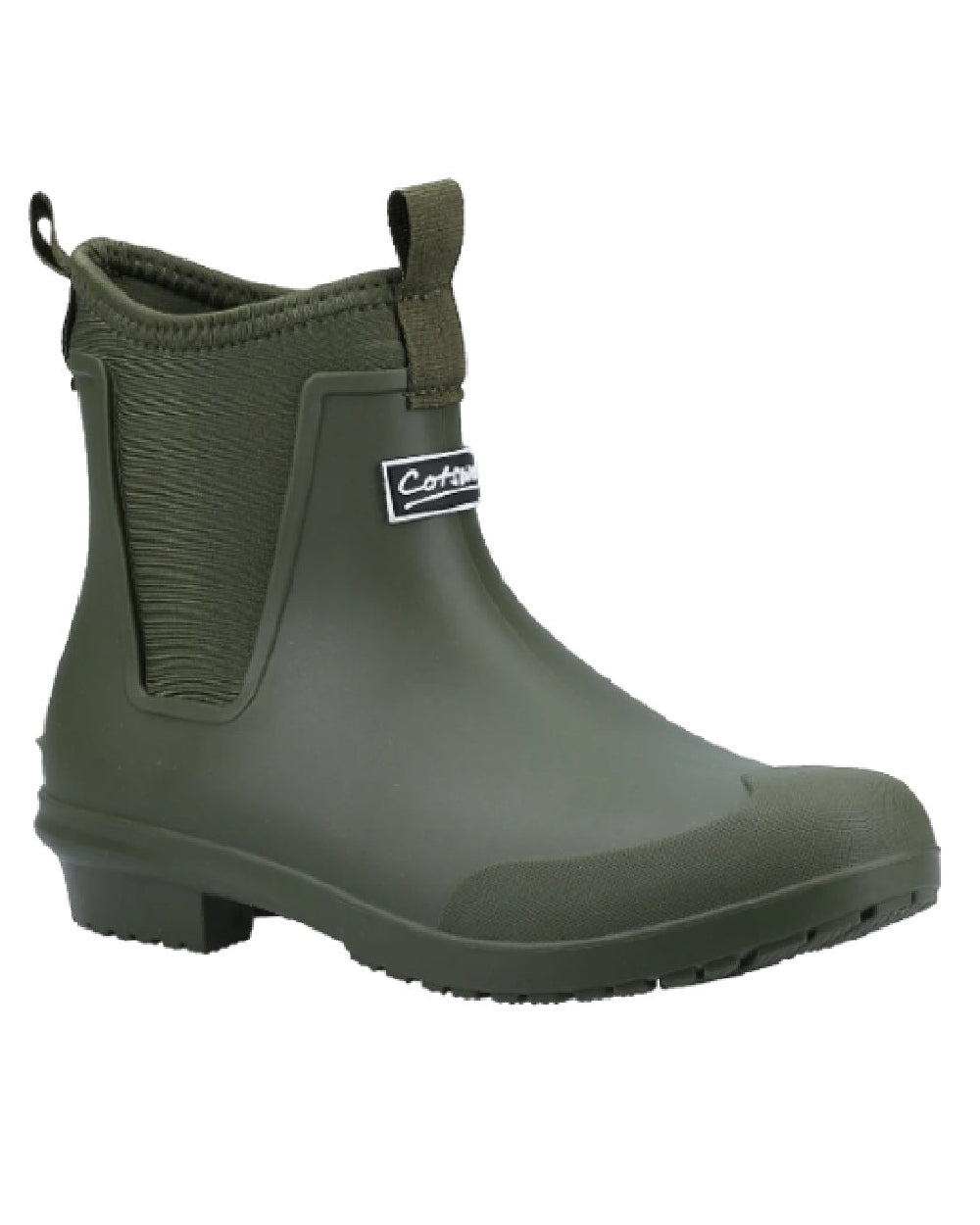 Green coloured Cotswold Grosvenor Wellington Boots on white background 