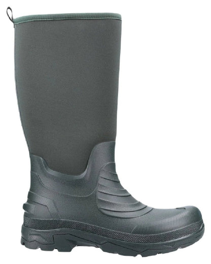 Green coloured Cotswold Kenwood Wellingtons on white background 