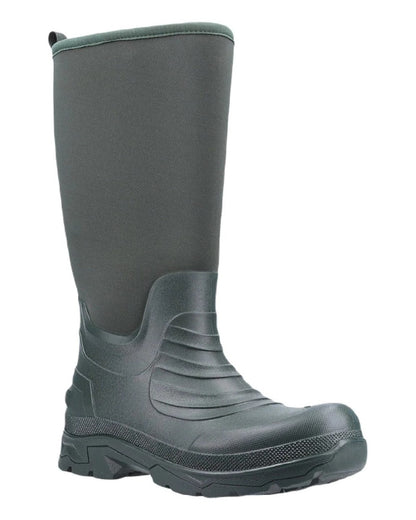 Green coloured Cotswold Kenwood Wellingtons on white background 