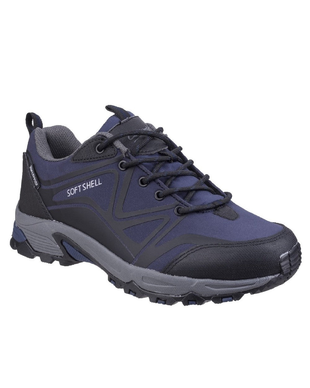 Blue/Black/Grey coloured Cotswold Mens Abbeydale Low Hiking Shoes on white background