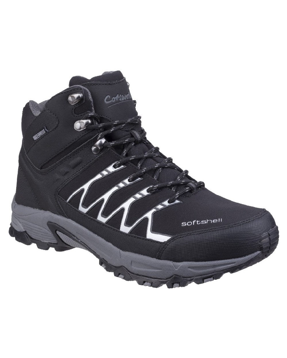 Black coloured Cotswold Mens Abbeydale Mid Hiking Boots on white background 