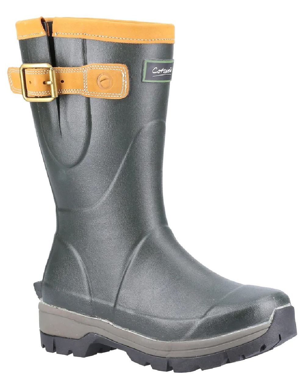 Green coloured Cotswold Stratus Short Wellingtons on white background 
