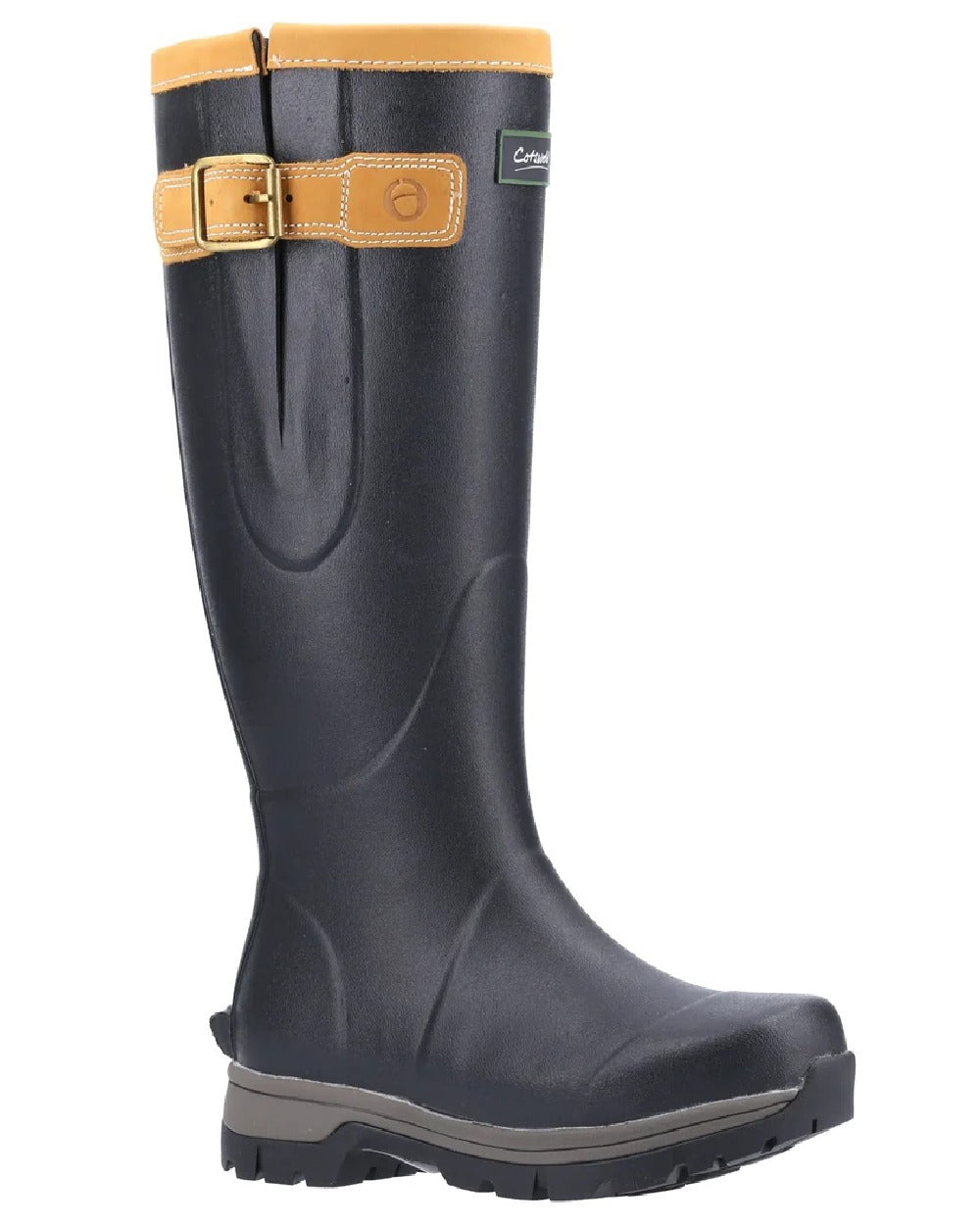 Black coloured Cotswold Stratus Wellingtons on white background