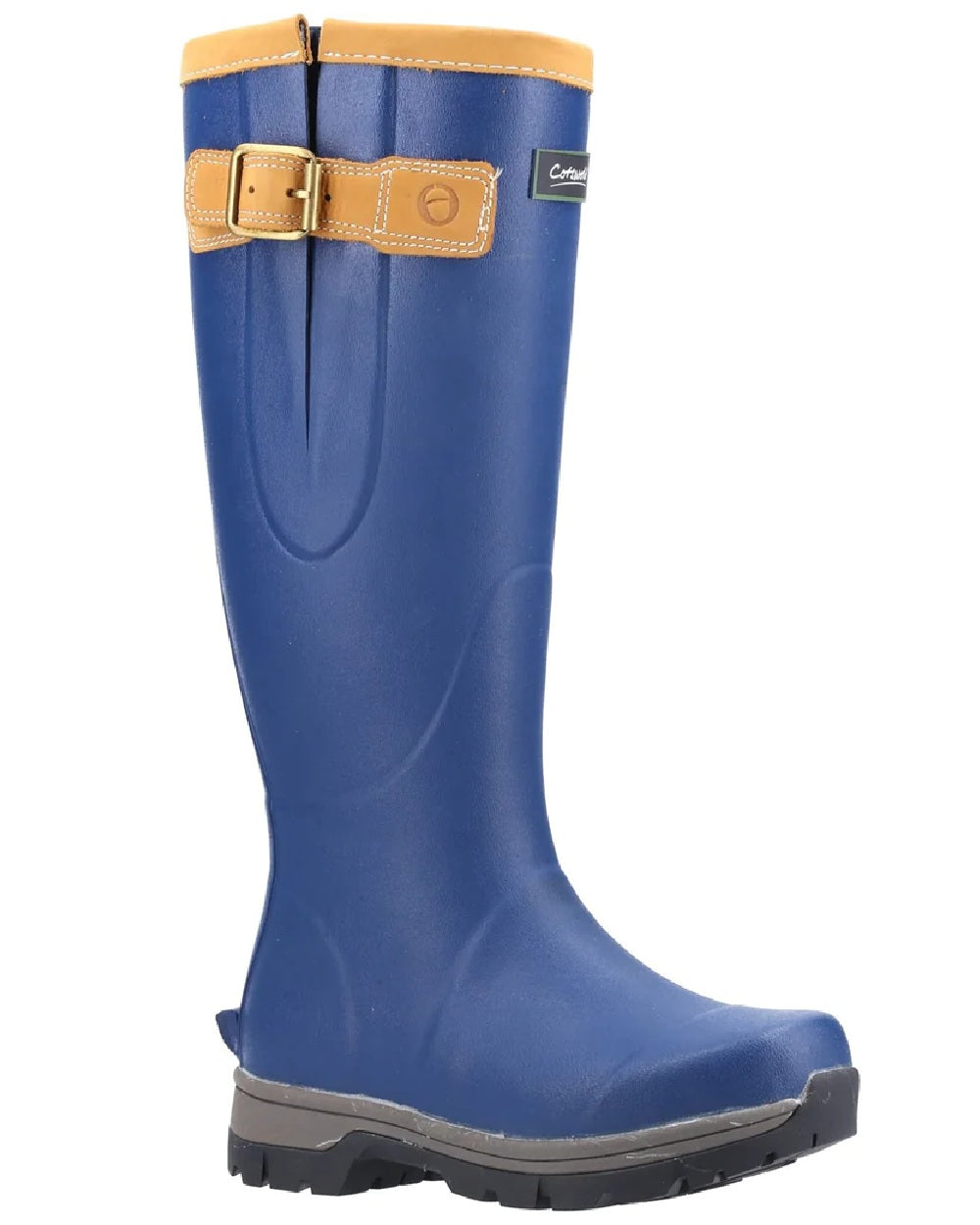 Blue coloured Cotswold Stratus Wellingtons on white background 